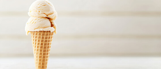 Creamy scoops of ice cream sit atop waffle cone showcasing delightful dessert with soft melting texture against light background
