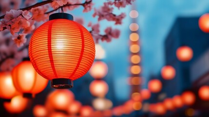Fototapeta premium Stunning Kyoto Tower Overlooked by Cherry Blossoms with Beautiful Lanterns Illuminating Night Sky