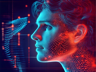 Fototapeta premium Digital Cybernetic Human Profile Profile Photo Illustration with Blue and Red Lights