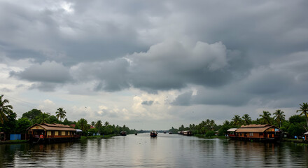 Fototapeta premium Cloudy Sky Over Houseboats In A Kerala Backwater Canal