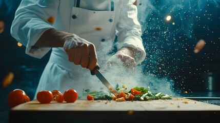 Professional Chef Slicing Fresh Vegetables on Wooden Cutting Board