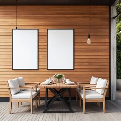 Modern Outdoor Dining Set with Blank Frames on Wooden Wall