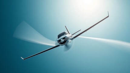 Single-engine propeller aircraft soaring through clear blue sky, long flowing white banner trailing behind, dynamic motion blur on spinning propeller, sunlight gleaming off aircraft body, aerial