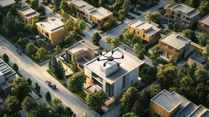 AI powered drone delivering packages in an urban neighborhood, city neighborhood with modern houses and tree-lined streets, Tech style