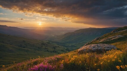 Naklejka premium Mountain Valley Flowers Bloom Under a Dramatic Sunset Sky Above