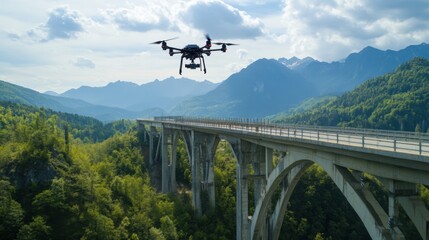 AI powered drone inspecting a bridge for structural integrity in a scenic landscape, remote bridge with clear skies and surrounding mountains, Tech style
