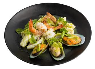 Thai spicy seafood salad with shrimp, New Zealand Mussel isolated on a transparent background.