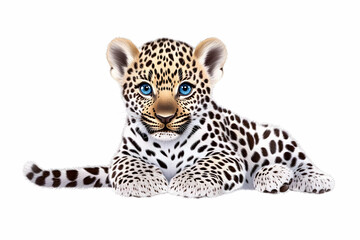 Obraz premium Photo of Cute Leopard Cub Resting on White Background with Blue Eyes