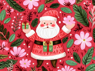 Festive Santa Claus Illustration with Gifts and Floral Background
