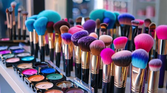 Brush Strokes of Beauty: A vibrant array of makeup brushes in varying sizes and colors, arranged beside a palette of eyeshadows, reflecting professional makeup artistry and the beauty industry.