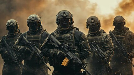 A formation of armed soldiers in tactical gear ready for action.