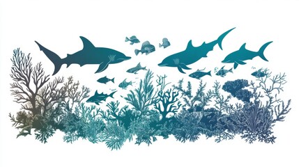 marine life silhouette composition, branching coral formations, organized fish groups, lurking shark figure, swaying underwater vegetation, diving dolphin outline, layered ocean scene, sea creature
