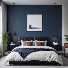 Modern Bedroom Interior with Navy Blue Walls and Black Bed