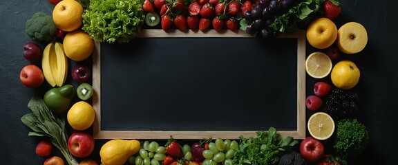 Fresh Fruits and Vegetables Surrounding Blackboard