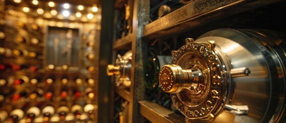 Luxury safe room interior with investment-grade wines, precious metals & museum-quality lighting,protected by a gold-plated vault door lock.