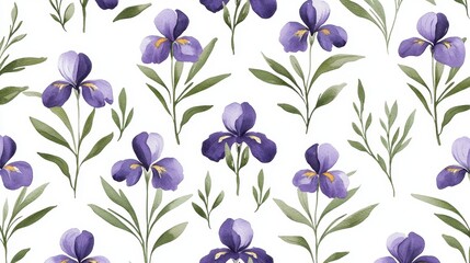 Elegant Purple Iris Floral Pattern on White Background