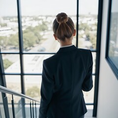 Businesswoman Ascending Staircase, Modern Office Building