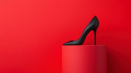 Elegant Black Stiletto Shoe on Red Background with Abstract Sculpture Display