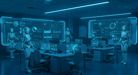 Futuristic Robot Office Scene With Blue Light