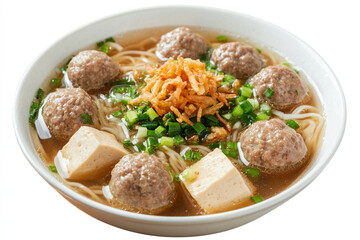 a bowl of soup with meatballs and noodles
