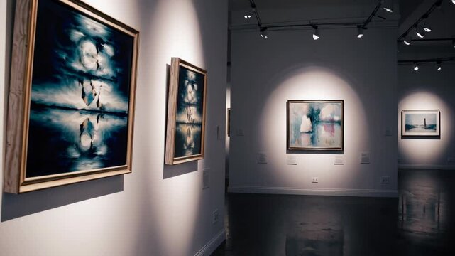 Immersive art gallery experience with modern abstract paintings in a contemporary setting