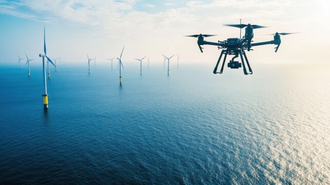 AI powered drone inspecting and repairing wind turbines in an offshore wind farm, vast ocean with wind turbines and drones flying above, Eco-tech style