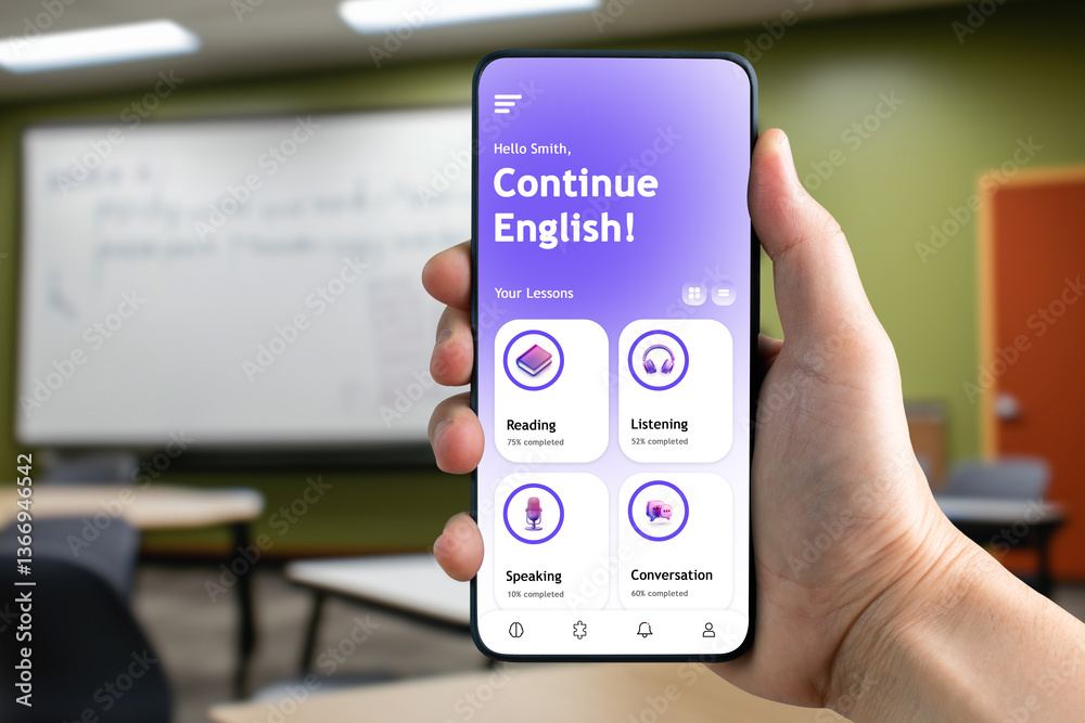 Wall mural engaging mobile language learning app interface displayed in classroom setting focused on english sk