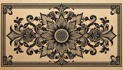 Detailed Flower Pattern with Frame Ornament in Black and Tan Colors