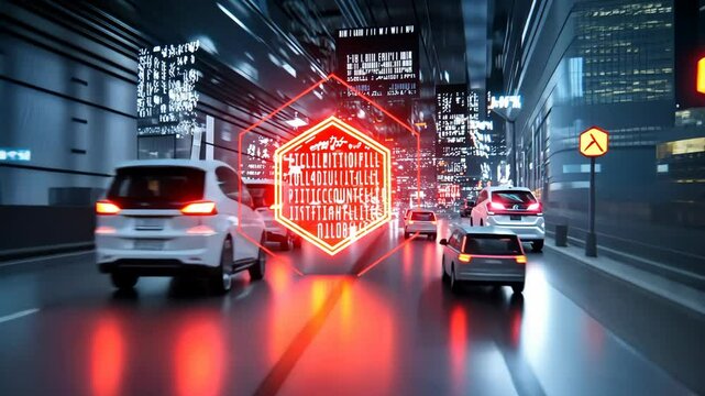 Futuristic city street with glowing hexagon