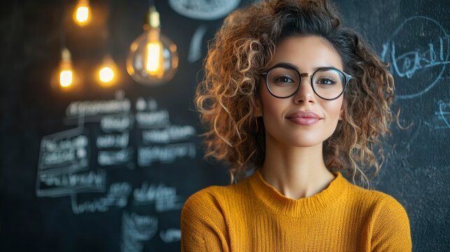 Confident Young Woman with Curly Hair and Glasses in a Creative Workspace