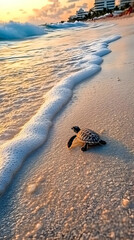 Photo of Sea Turtle Hatchling On Sandy Beach With Ocean Waves and Sunrise