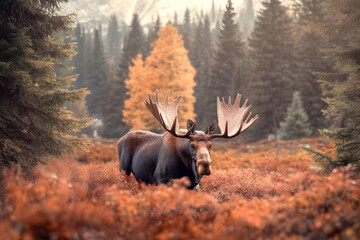 Photo of Majestic Moose with Large Antlers in Autumnal Forest Landscape