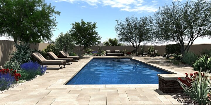 a pool with chairs and a house in the background