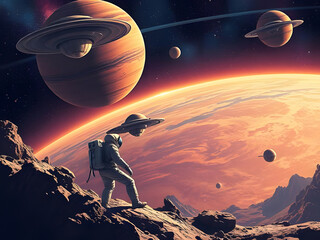 Astronaut Exploring Alien Planet Futuristic Space Landscape, Planets, Nebulae, Sci-Fi, Adventure, Exploration