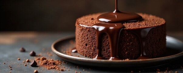 Rich, velvety chocolate flows from the top of a decadent cake , chocolate, dripping, treat