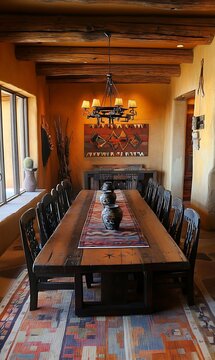 a dining room with a table and chairs