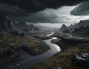 Naklejka premium Dark Fantasy Landscape with Winding River