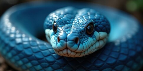 Fototapeta premium Scaled blue viper snake close-up face, venom fangs exposed , animal, snake, reptile