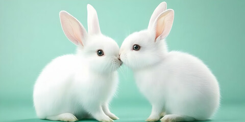 Photo of Two White Bunnies Touching Noses on a Pastel Green