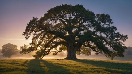 Obraz premium Majestic Oak Tree at Sunrise with Fog Rolling Through Grassy Meadow