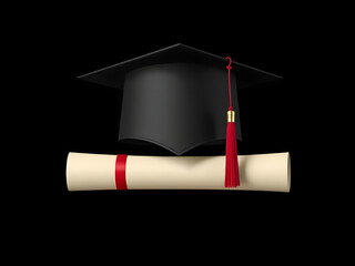 Graduation Cap and Diploma Scroll on Black Background Education, Achievement, Success, Degree, Ceremony.