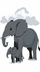 Fototapeta premium Pixelated Elephant Family Under Clouds Monochrome Illustration