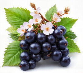 Black currants with green leaves and pink flowers on a white background
