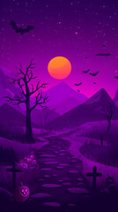Naklejka premium Pixel Art Halloween Night Landscape Featuring Moon Bats and Spooky Elements