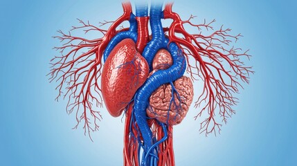 Human Anatomy Illustration of Heart and Blood Vessels on Blue Background