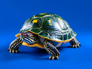 Fototapeta premium Vivid Painted Turtle: Intricate Patterns and Striking Blue Backdrop 