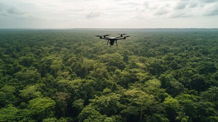 Fototapeta premium AI powered drone monitoring environmental data in a remote forest for conservation purposes, lush green forest with a clear sky and drone flying above, Eco-tech style