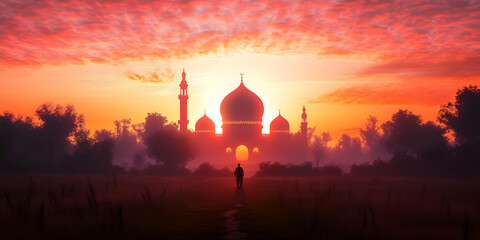 Obraz premium Person Walking Towards Illuminated Building at Sunset Illustration