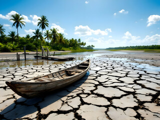 Drought-Stricken Riverbed: Abandoned Boat Amid Palm Trees