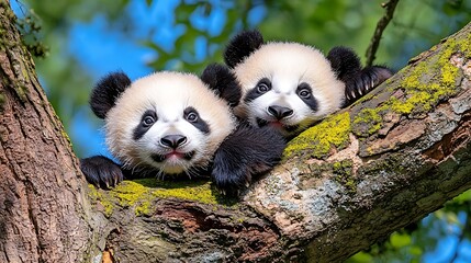 Obraz premium Playful panda cubs cuddling in a tree nature photography outdoor scene close-up view adorable animal behavior